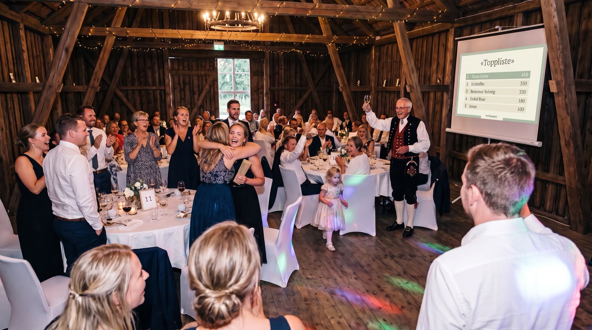 Senere på kvelden i låven. Topplisten står på lerretet. To venninner klemmer, en mann i bunad løfter glasset, et barn danser mellom bordene.